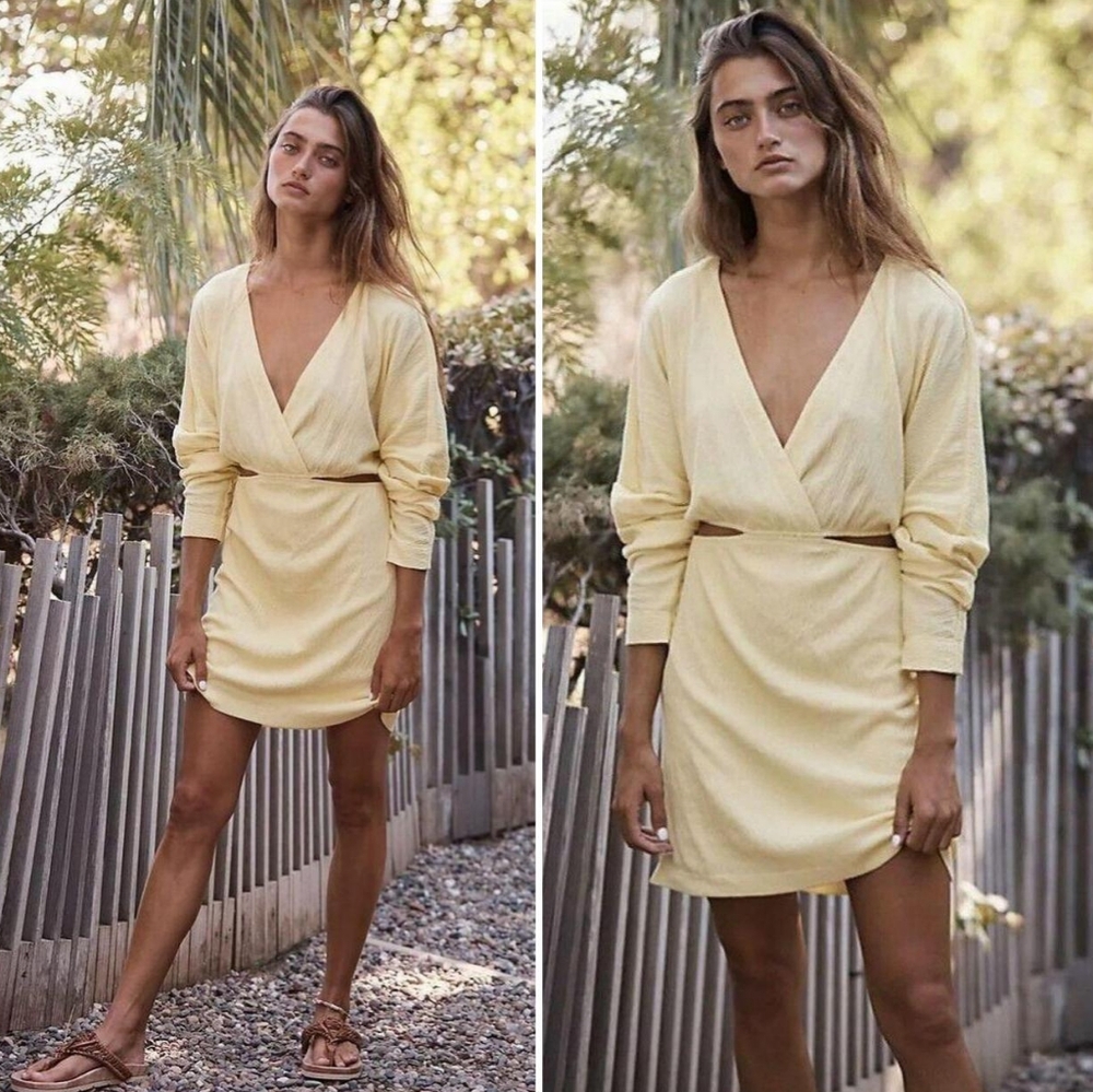 Free People Beach stasia textured cut out v-neck butter yellow mini dress